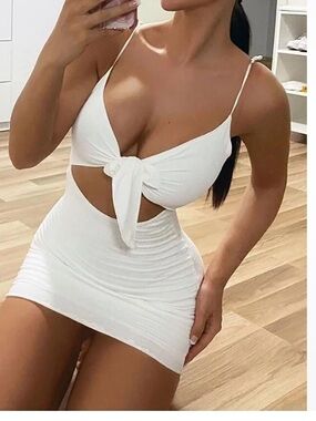 White Textured Spaghetti Strap Dress with Front Bow